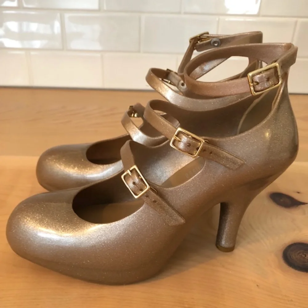 RARE Vivienne Westwood Gold Glitter High Heels Triple Strap size 9 - Picture 2 of 10